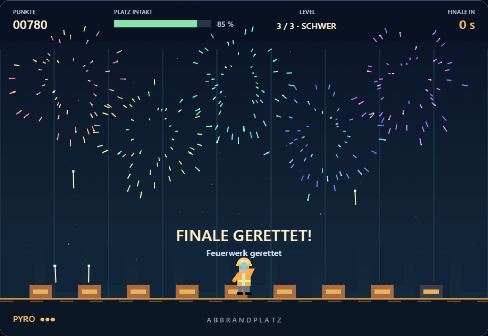 Das bunte Feuerwerks-Finale nach einer geretteten Runde in Pyro Defense