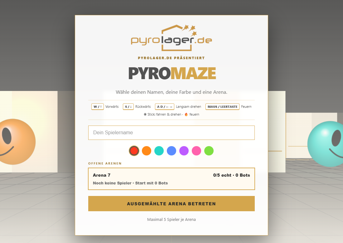 PyroMaze: Startbild mit Pyrolager-Logo und bunten Smiley-Figuren im Labyrinth